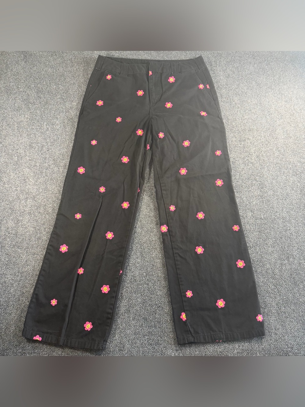 Forever 21 Embroidered Happy Face Flower Twill Pants Women's Large